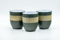 Japanese Teacups - Set of 3 Green Ryokudei Tokoname-yaki Yunomi - front view of the three green cups with mottled yellow glaze bands