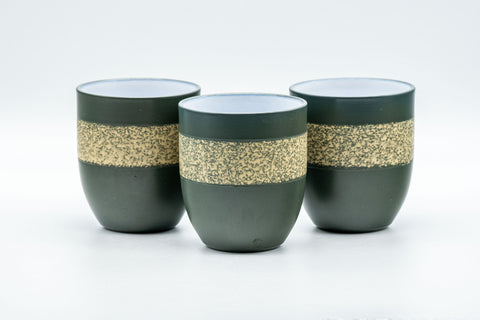 Japanese Teacups - Set of 3 Green Ryokudei Tokoname-yaki Yunomi - front view of the three green cups with mottled yellow glaze bands