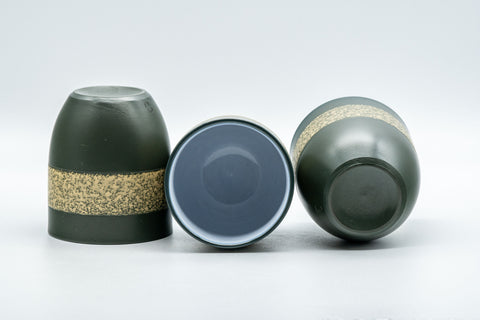 Japanese Teacups - Set of 3 Green Ryokudei Tokoname-yaki Yunomi - group of the cups with some tilted to show the white interiors