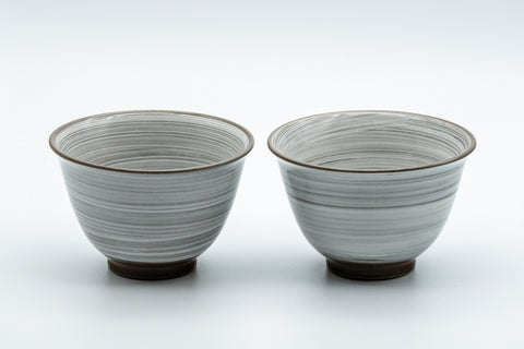 Japanese Teacups - Pair of White Glazed Yunomi with Long Grass Motifs - 100ml - front view showing the painted long grass motifs