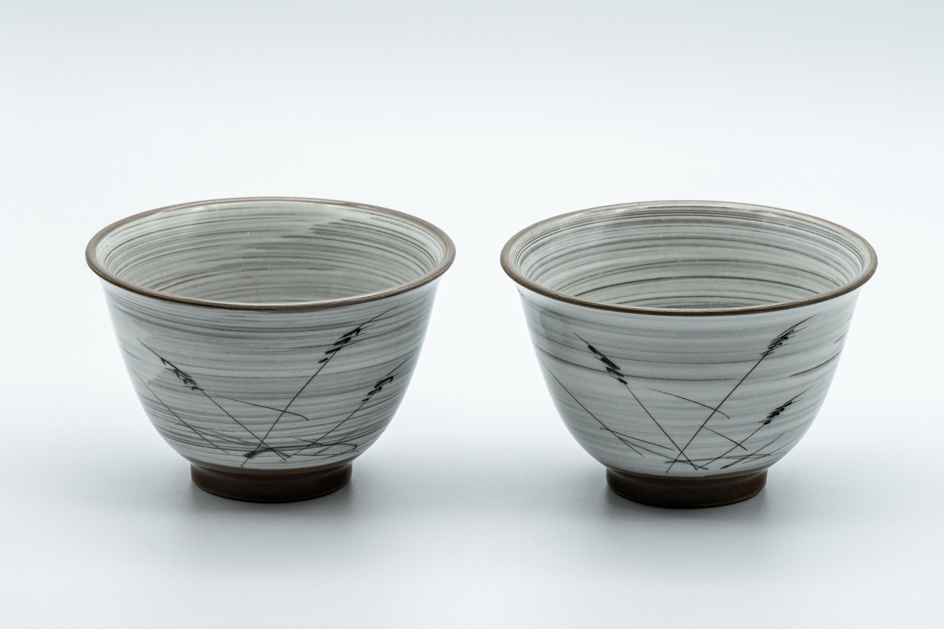 Japanese Teacups - Pair of White Glazed Yunomi with Long Grass Motifs - 100ml