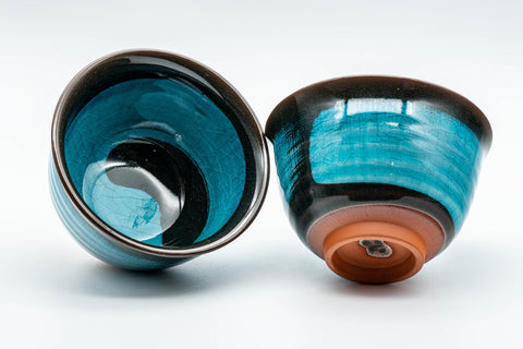 Japanese Teacups - Pair of Cyan Hakeme Yunomi with Coasters - 155ml