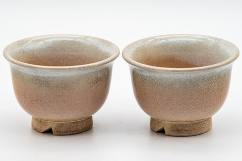 Japanese Teacups - 萩焼 Pair of Hagi-yaki Senchawan - 55ml - front view of both footed teacups