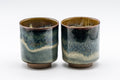 Japanese Teacups - Pair of Blue-Green Hare's Fur Glaze Tsutsu-gata Yunomi - 150ml - front view of the pair of teacups with blue-green hare's fur glaze