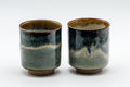 Japanese Teacups - Pair of Blue-Green Hare's Fur Glaze Tsutsu-gata Yunomi - 150ml - the pair shown side by side at a slight angle