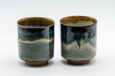 Japanese Teacups - Pair of Blue-Green Hare's Fur Glaze Tsutsu-gata Yunomi - 150ml - the pair shown side by side at a slight angle