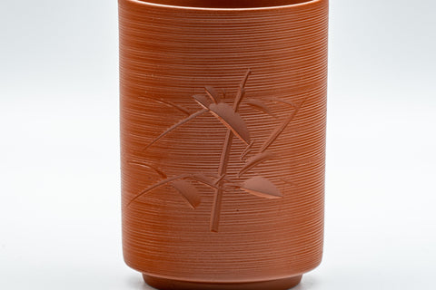 Japanese Teacups - Pair of Bamboo Tokoname-yaki Meoto Yunomi - single cup showing the engraved bamboo decoration