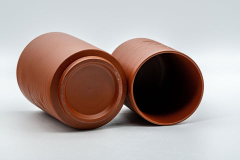 Japanese Teacups - Pair of Bamboo Tokoname-yaki Meoto Yunomi - the two cups tipped to show their bases