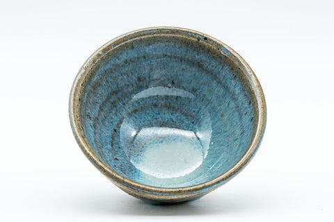 Japanese Teacups - Pair of Stoneware Asagao-gata Guinomi with Cyan Glazed Interior - 50ml - single cup viewed from above showing the cyan-glazed interior