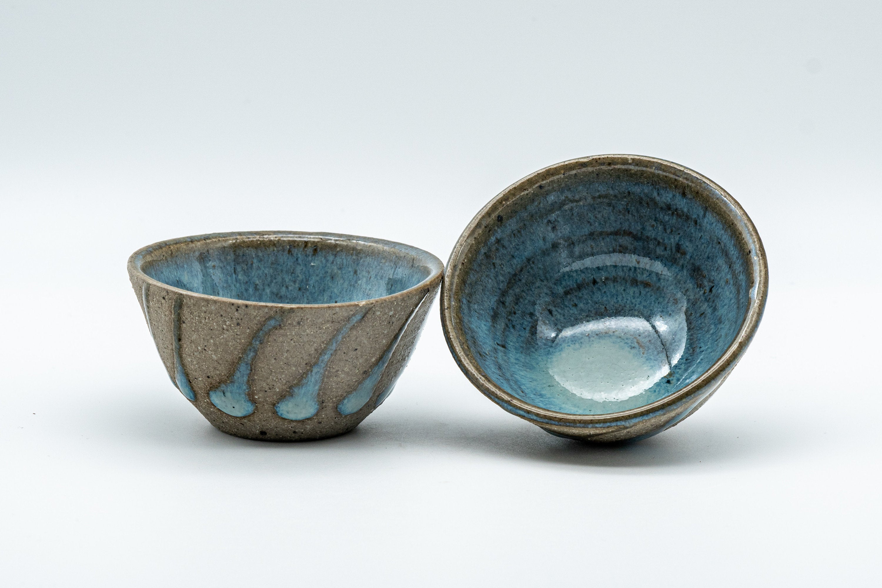 Japanese Teacups - Pair of Stoneware Asagao-gata Guinomi with Cyan Glazed Interior - 50ml