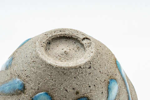 Japanese Teacups - Pair of Stoneware Asagao-gata Guinomi with Cyan Glazed Interior - 50ml - single cup inverted showing the base