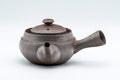 Tezumi — Kanji-engraved Banko-yaki kyusu teapot, three-quarter view showing the lid and side handle