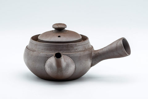 Tezumi — Kanji-engraved Banko-yaki kyusu teapot, three-quarter view showing the lid and side handle