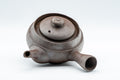 Tezumi — Kanji-engraved Banko-yaki kyusu teapot, front three-quarter view showing the lid knob