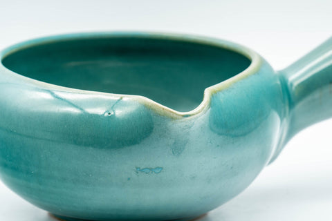 Japanese Yuzamashi - Turquoise Side-handled Water Cooler - 250ml - closeup of the pouring spout and turquoise glaze
