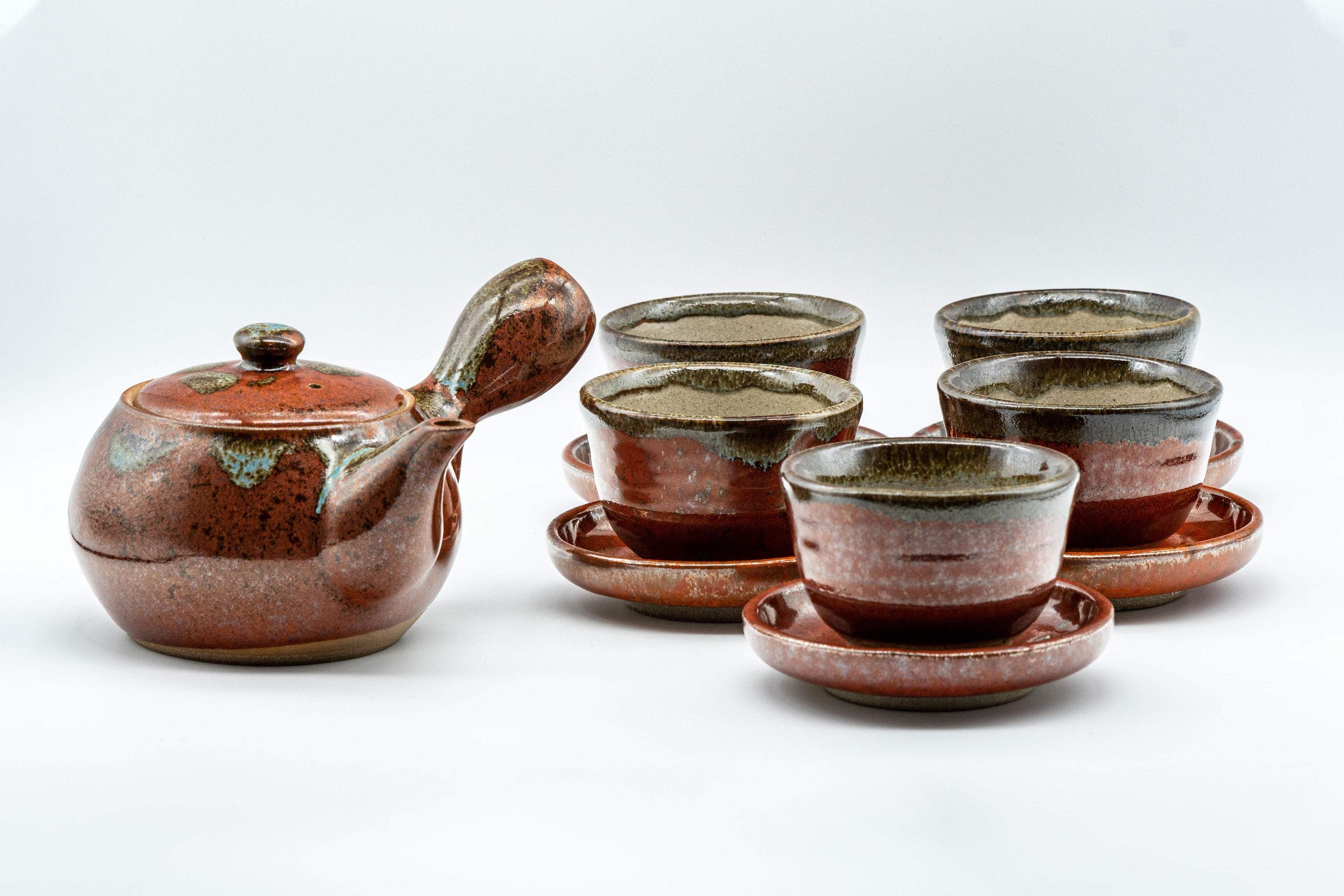 Japanese Tea Set - Drip-Glazed Debeso Kyusu with 5 Yunomi and Chataku - Tezumi