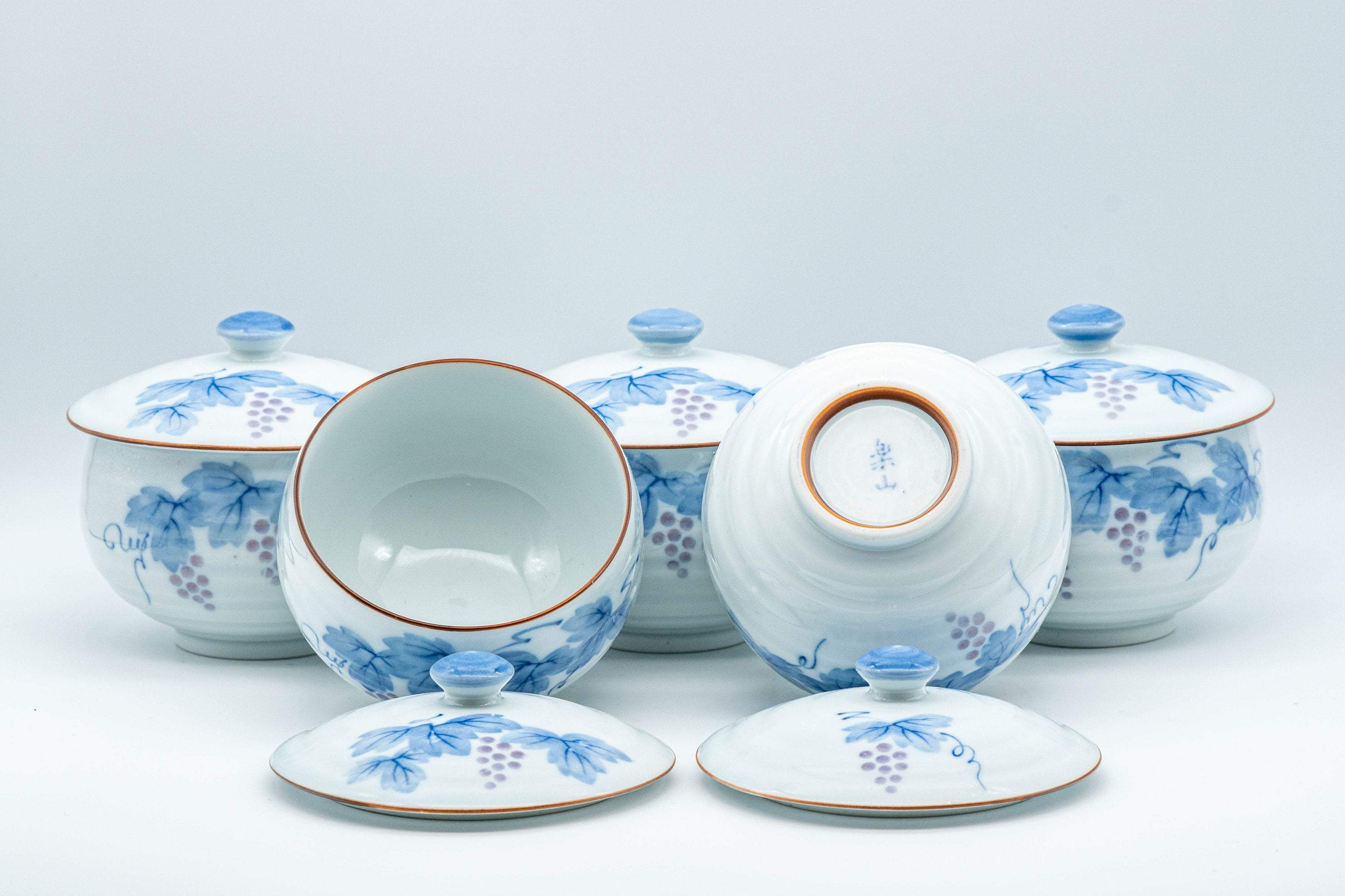 Japanese Tea Set - Porcelain Arita-yaki Dobin Debeso Teapot with 5 Lidded Yunomi - Tezumi