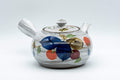 Tezumi — Floral brush-glazed debeso kyusu teapot, side view with the side handle and painted fruit decoration