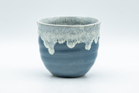 Japanese Teacup - Steel Blue Yunomi with White Drip Glaze - 180ml - front view of the steel blue drip-glazed yunomi
