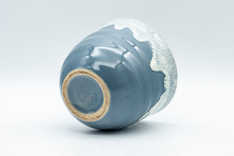 Japanese Teacup - Steel Blue Yunomi with White Drip Glaze - 180ml - the cup inverted showing the unglazed foot