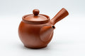 Japanese Kyusu - 福仙 Fukusen Suzuki Maru-gata Tokoname-yaki Debeso Teapot - 230ml - side profile view of the red shudei clay teapot with side handle and spout