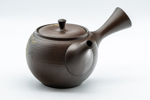 Japanese Kyusu - 光風 Floral Maru-gata Tokoname-yaki Teapot - 300ml - side view showing the rounded body and pouring spout