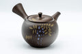 Japanese Kyusu - 光風 Floral Maru-gata Tokoname-yaki Teapot - 300ml - front three-quarter view showing the hand-painted leaves and violet flowers