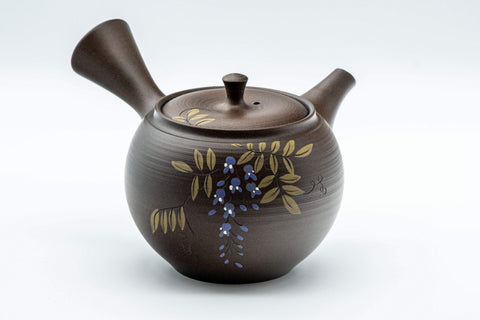 Japanese Kyusu - 光風 Floral Maru-gata Tokoname-yaki Teapot - 300ml - front three-quarter view showing the hand-painted leaves and violet flowers