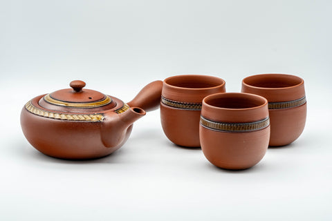 Japanese Tea Set - Tokoname-yaki Debeso Kyusu with 3 Yunomi - the full set with the teapot and three teacups