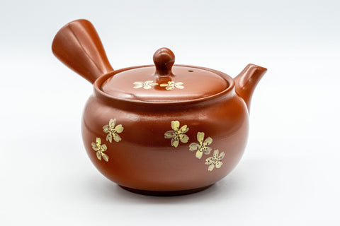 Japanese Kyusu - 宗山窯 Sakura Tokoname-yaki Obi-ami Teapot - 330ml - view of the red Tokoname-yaki teapot with painted sakura