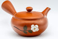 Japanese Kyusu - Kasen Floral Tokoname-yaki Teapot - side view showing the painted white camellia