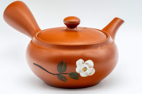 Japanese Kyusu - Kasen Floral Tokoname-yaki Teapot - side view showing the painted white camellia