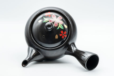 Japanese Kyusu - Sakura Black Kurodei Tokoname-yaki Teapot - 350ml - top-down view of the lid and side handle