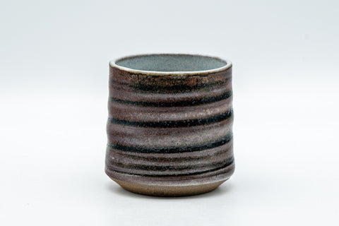 Japanese Teacup - Ribbed Tsutsu-gata Yunomi - 130ml - front view showing the blue glazed interior at the rim