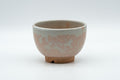Japanese Teacup - Tsubaki Kiln Gohonte Hagi-yaki Senchawan - 80ml - front view of the small grey-glazed senchawan with peach gohonte spots