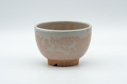 Japanese Teacup - Tsubaki Kiln Gohonte Hagi-yaki Senchawan - 80ml - front view of the small grey-glazed senchawan with peach gohonte spots