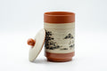 Japanese Teacup - Mountainous Tokoname-yaki Lidded Yunomi - side view showing the lid and painted mountain landscape