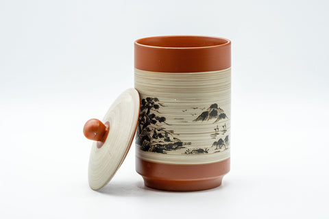 Japanese Teacup - Mountainous Tokoname-yaki Lidded Yunomi - side view showing the lid and painted mountain landscape