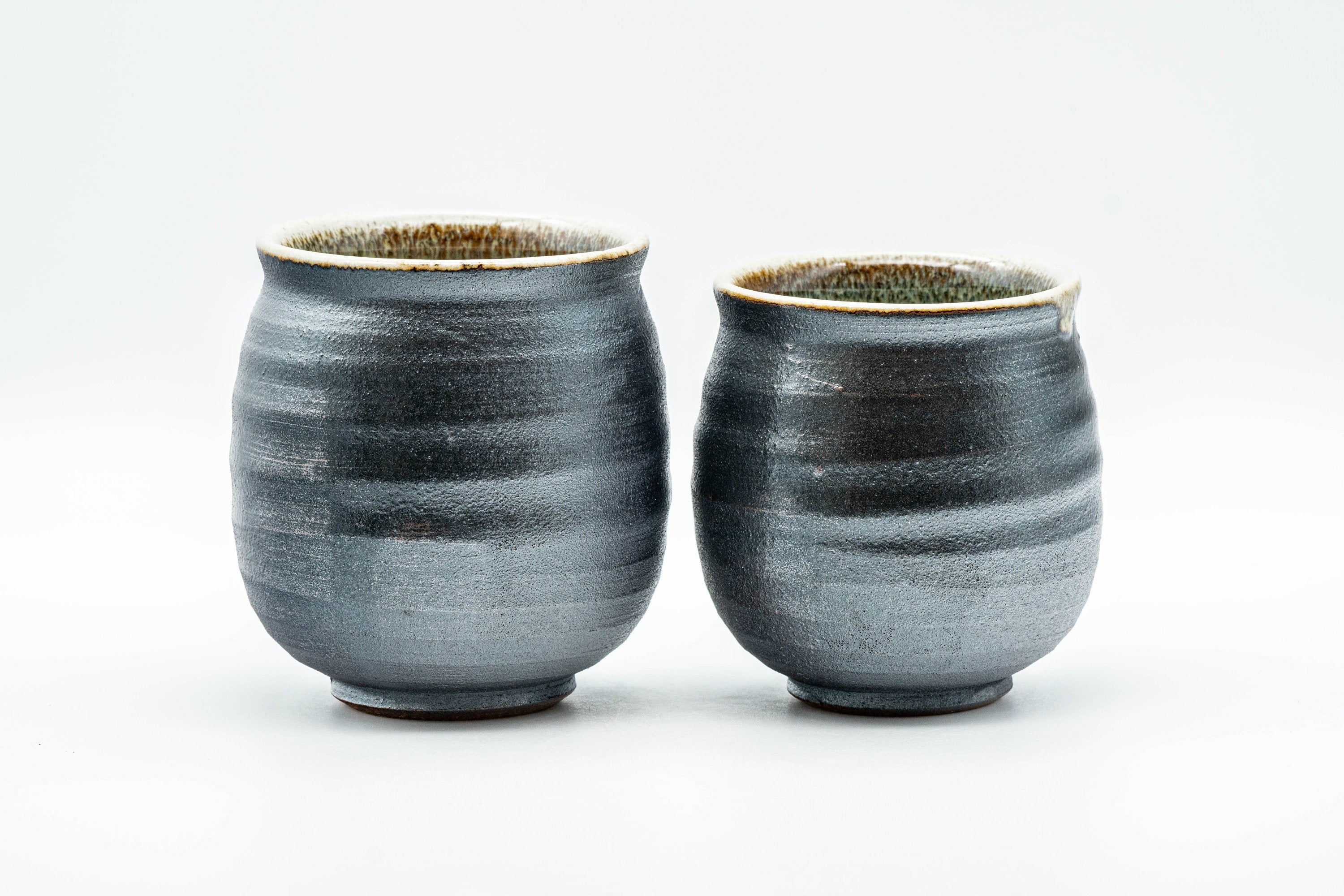 Japanese Teacups - Pair of Meoto Metallic Grey and Mottled Green Yunomi