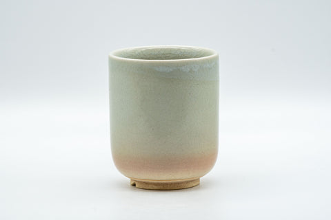 Japanese Teacup - Tsutsu-gata Hagi-yaki Yunomi - front view showing the grey glaze fading to warm pink at the base