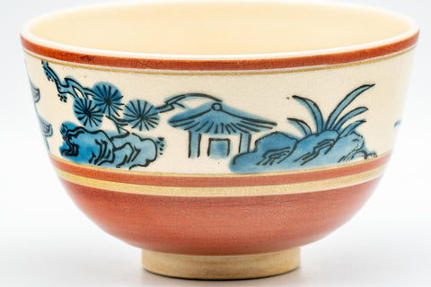 Japanese Matcha Bowl - Zuiun Wan-nari Kyo-yaki Chawan - 450ml - closeup of the blue painted temple and landscape