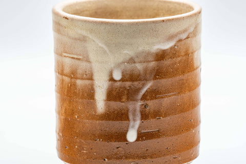 Japanese Teacup - Drip-Glazed Hagi-yaki Yunomi - 170ml - closeup of the white drip glaze running down the exterior