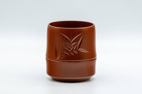 Japanese Teacups - Set of 5 Bamboo Tokoname-yaki Yunomi with Gift Box - 125ml - closeup front view of a single teacup showing the engraved bamboo leaf motif