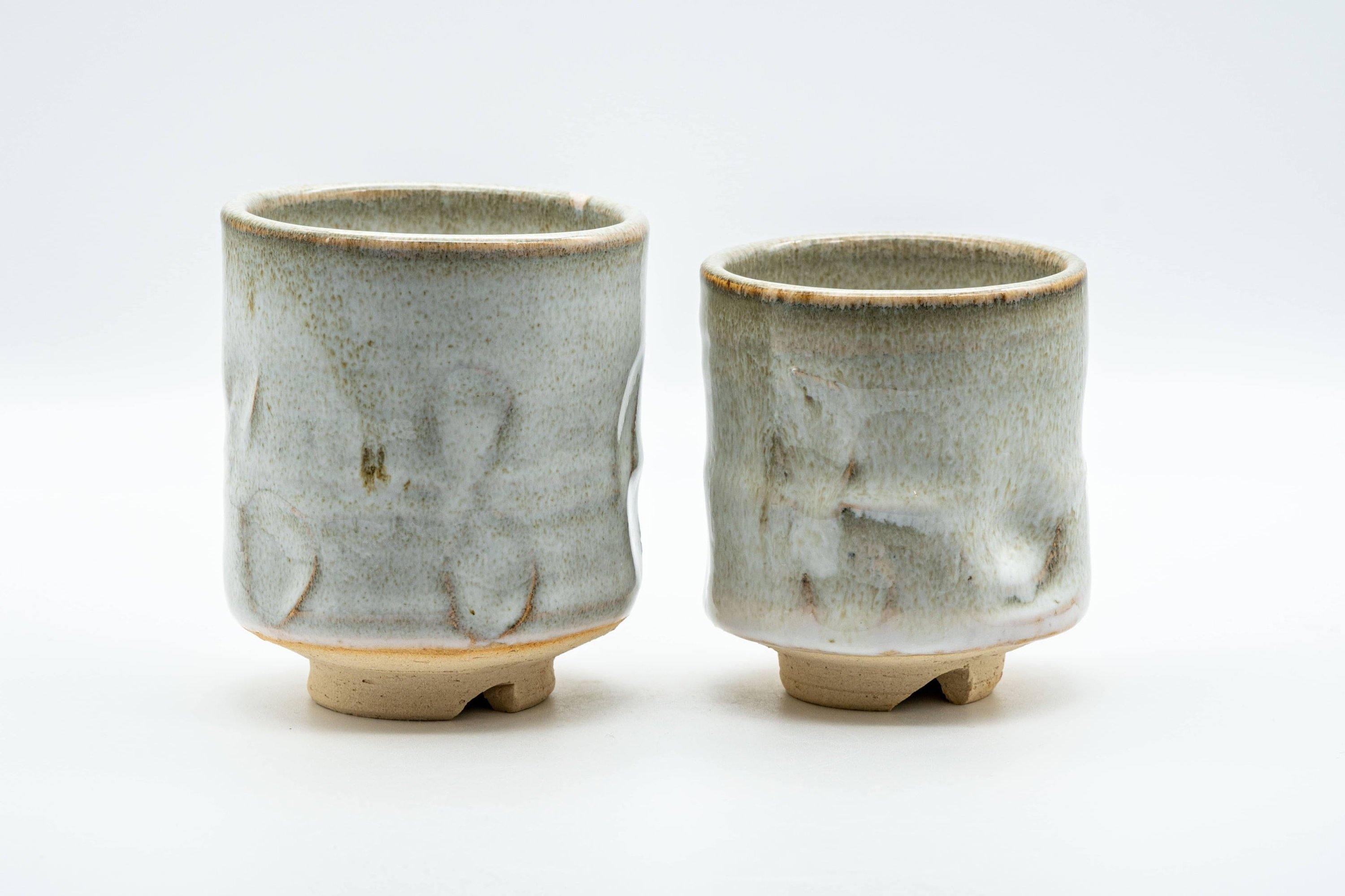 Japanese Teacups - Pair of Hagi-yaki Grey and Beige Hare's Fur Glazed Meoto Yunomi 天龍 - Tezumi