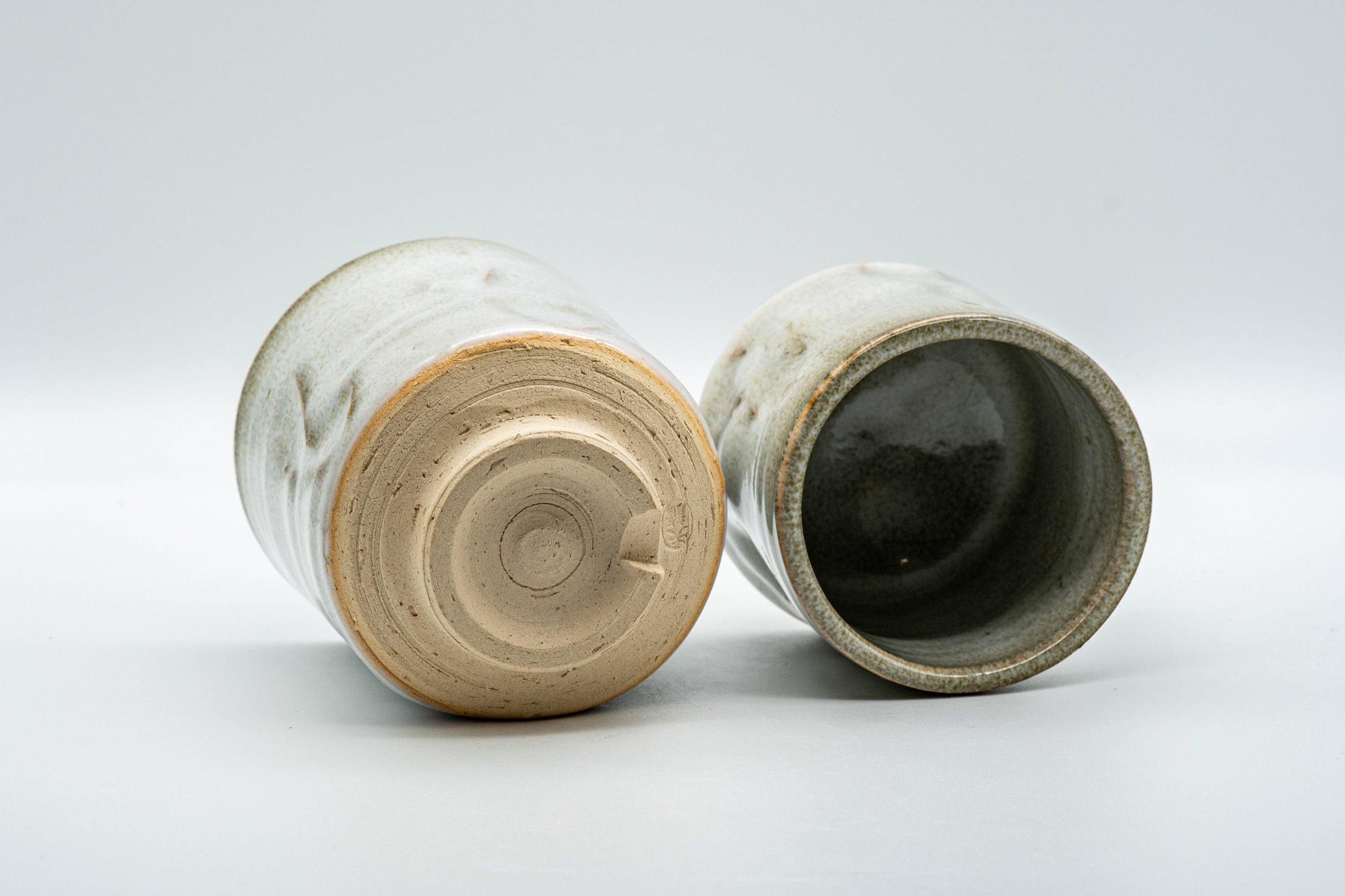 Japanese Teacups - Pair of Hagi-yaki Grey and Beige Hare's Fur Glazed Meoto Yunomi 天龍 - Tezumi