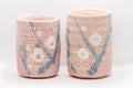 Japanese Teacups - Pair of Meoto Shino Glazed Tsutsu-gata Yunomi - 180ml - the pair of pink shino-glazed cups standing side by side
