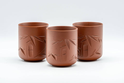 Japanese Teacups - Set of 3 Bamboo Tsutsu-gata Tokoname-yaki Yunomi - 100ml - the three brick-red Tokoname-yaki cups standing in a row