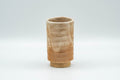 Japanese Teacup - Tsutsu-gata Yunomi - front view of the tall cylindrical cup with crazed white and brown glaze