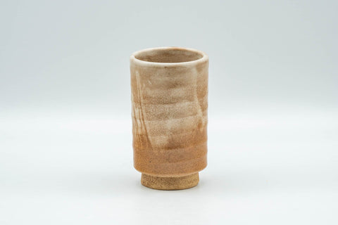 Japanese Teacup - Tsutsu-gata Yunomi - front view of the tall cylindrical cup with crazed white and brown glaze