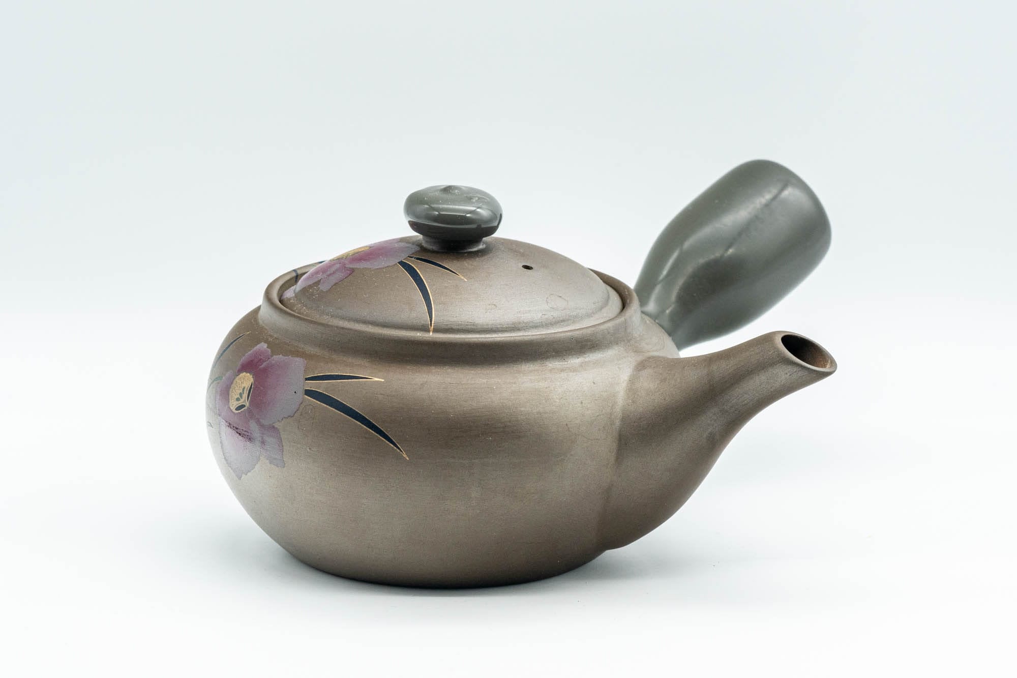 Japanese Kyusu - Grey and Pink Floral Teapot with Rubber Grip - 380ml - Tezumi